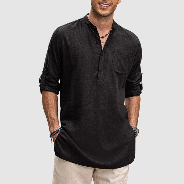 Men’s Long Sleeve Henley Shirt with Roll-Up Sleeves and Chest Pocket