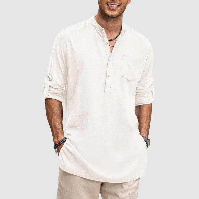 Men’s Long Sleeve Henley Shirt with Roll-Up Sleeves and Chest Pocket