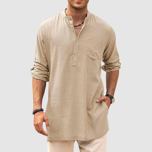 Men’s Long Sleeve Henley Shirt with Roll-Up Sleeves and Chest Pocket
