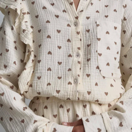 Women's Ruffled Sleeve Co-ord Set - Button-Down Blouse & High-Waisted Shorts