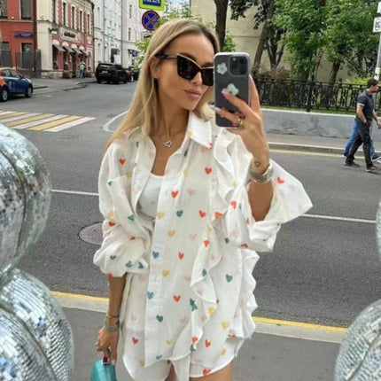 Women's Ruffled Sleeve Co-ord Set - Button-Down Blouse & High-Waisted Shorts