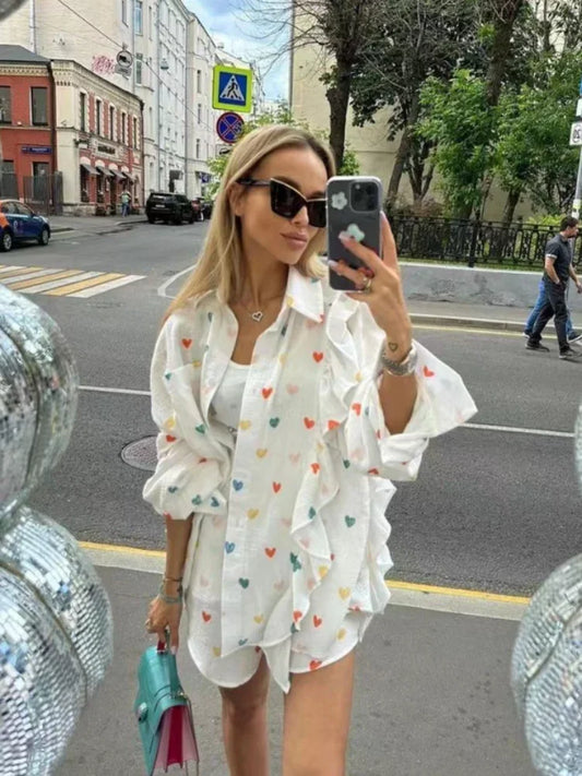 Women's Ruffled Sleeve Co-ord Set - Button-Down Blouse & High-Waisted Shorts