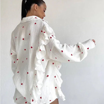 Women's Ruffled Sleeve Co-ord Set - Button-Down Blouse & High-Waisted Shorts