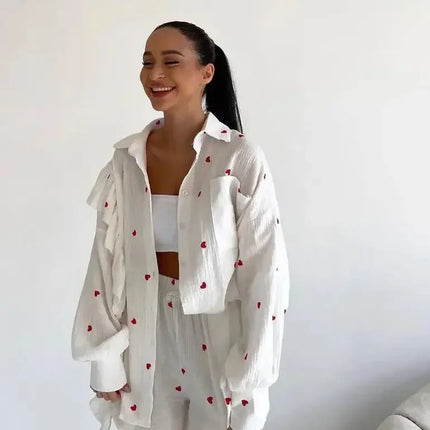 Women's Ruffled Sleeve Co-ord Set - Button-Down Blouse & High-Waisted Shorts