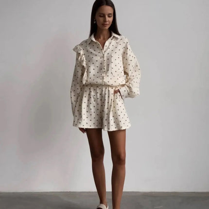 Women's Ruffled Sleeve Co-ord Set - Button-Down Blouse & High-Waisted Shorts