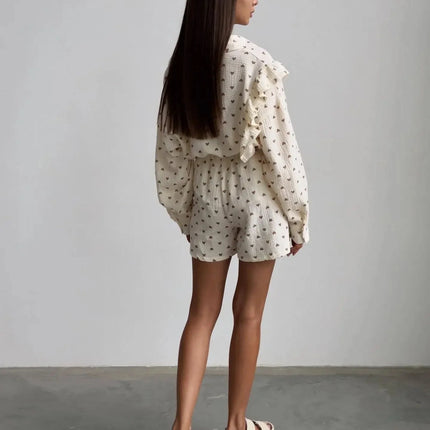 Women's Ruffled Sleeve Co-ord Set - Button-Down Blouse & High-Waisted Shorts