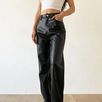 Women's Wide Leg Faux Leather Trousers High Waisted Chic Fit