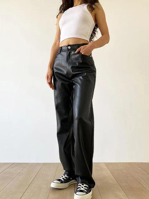 Women's Wide Leg Faux Leather Trousers High Waisted Chic Fit