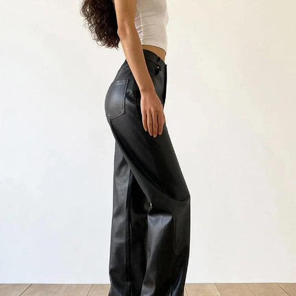 Women's Wide Leg Faux Leather Trousers High Waisted Chic Fit
