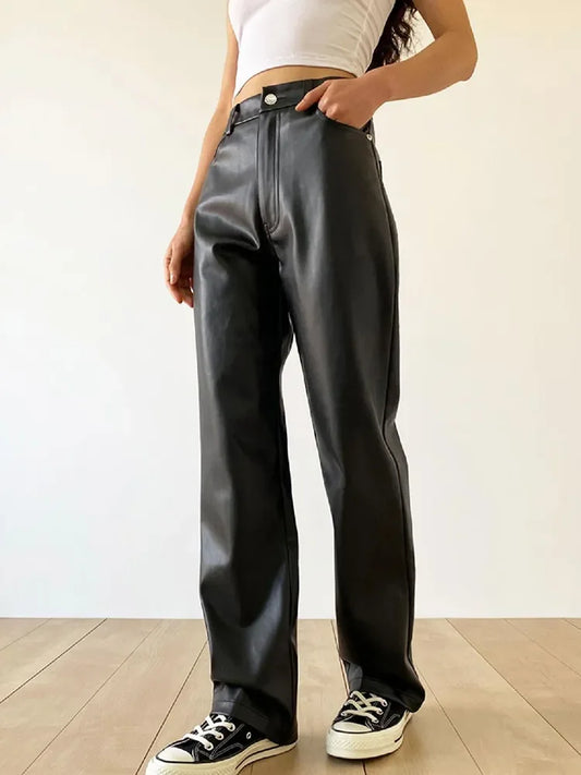 Women's Wide Leg Faux Leather Trousers High Waisted