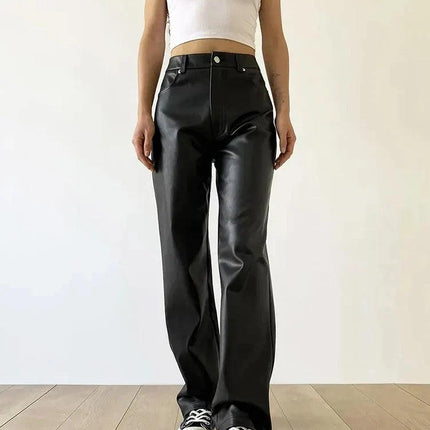 Women's Wide Leg Faux Leather Trousers High Waisted Chic Fit