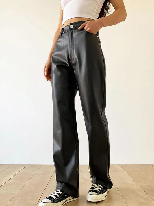 Women's Wide Leg Faux Leather Trousers High Waisted Chic Fit