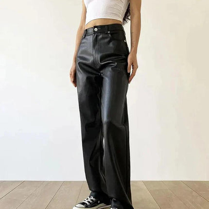 Women's Wide Leg Faux Leather Trousers High Waisted Chic Fit