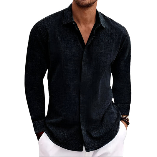 Dark gray shirt worn by a person on a neutral background