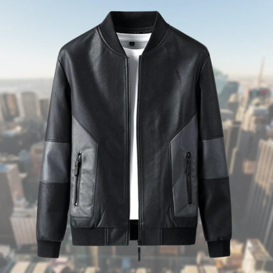 Men’s Leather Look Bomber Jacket with Ribbed Collar and Cuffs