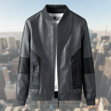 Men’s Leather Look Bomber Jacket with Ribbed Collar and Cuffs