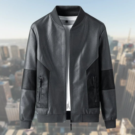 Men’s Leather Look Bomber Jacket with Ribbed Collar and Cuffs