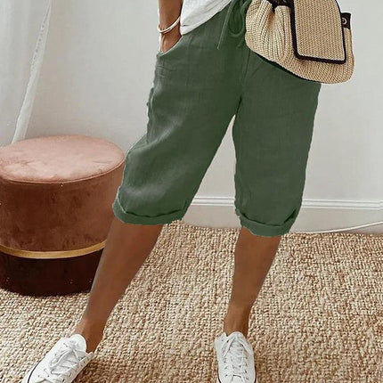 Women's Relaxed Fit Capri Trousers with Elastic Waist and Drawstring