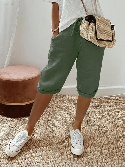 Women's Relaxed Fit Capri Trousers with Elastic Waist and Drawstring
