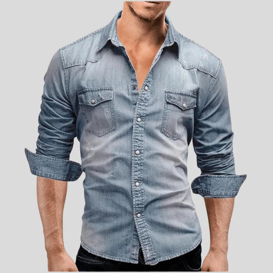 Men's Denim Shirt Long Sleeve Snap Button Closure