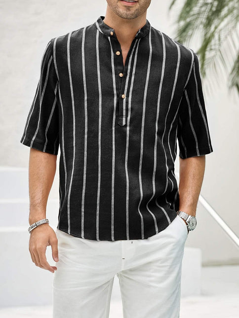 Men’s Short Sleeve Casual Shirt - Vertical Stripes - Band Collar Relaxed Fit