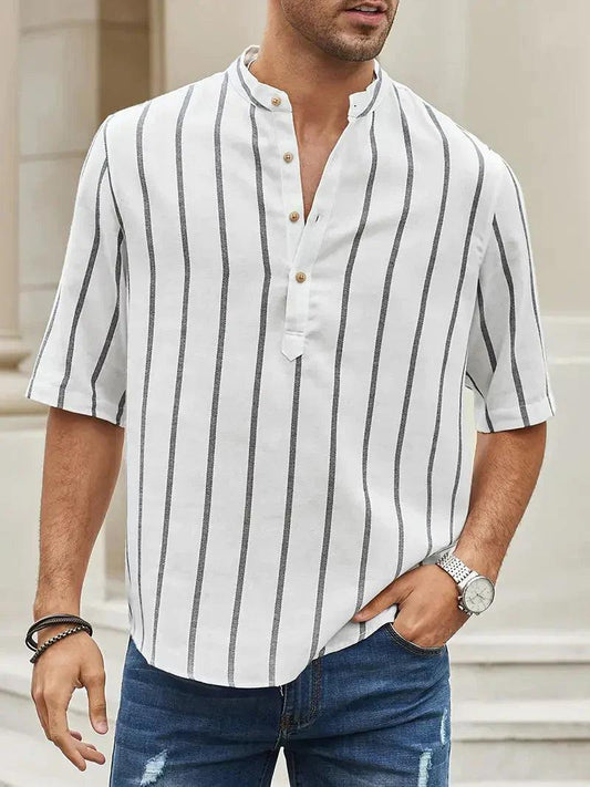 Men’s Short Sleeve Casual Shirt - Vertical Stripes - Band Collar Relaxed Fit