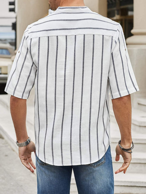 Men’s Short Sleeve Casual Shirt - Vertical Stripes - Band Collar Relaxed Fit