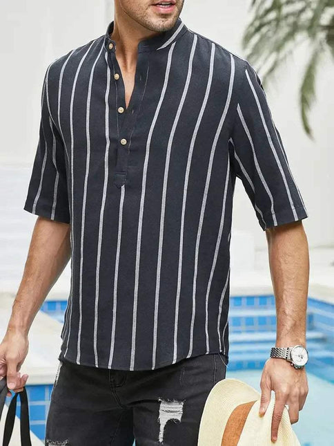 Men’s Short Sleeve Casual Shirt - Vertical Stripes - Band Collar Relaxed Fit