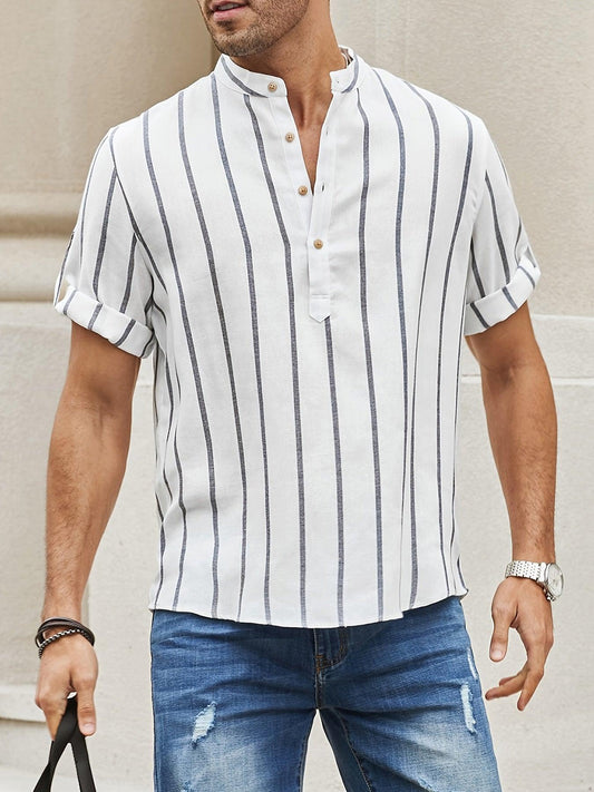Men’s Short Sleeve Casual Shirt - Vertical Stripes - Band Collar Relaxed Fit