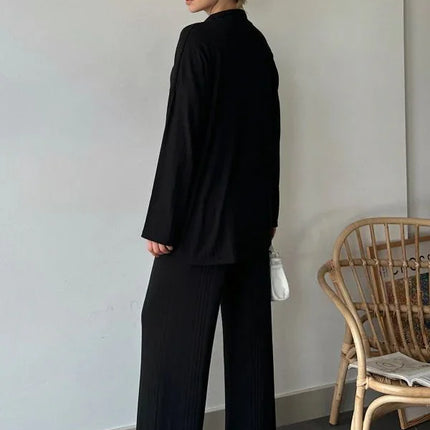 Women's Knit Co-Ord Set - Button-Up Long Sleeve Top & High-Waisted Trousers