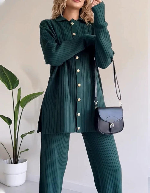 Women's Knit Co-Ord Set - Relaxed Fit Button-Up Top & High-Waisted Wide-Leg Trousers