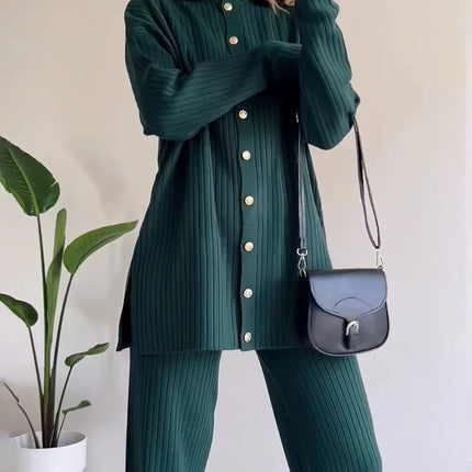 Women's Knit Co-Ord Set - Button-Up Long Sleeve Top & High-Waisted Trousers