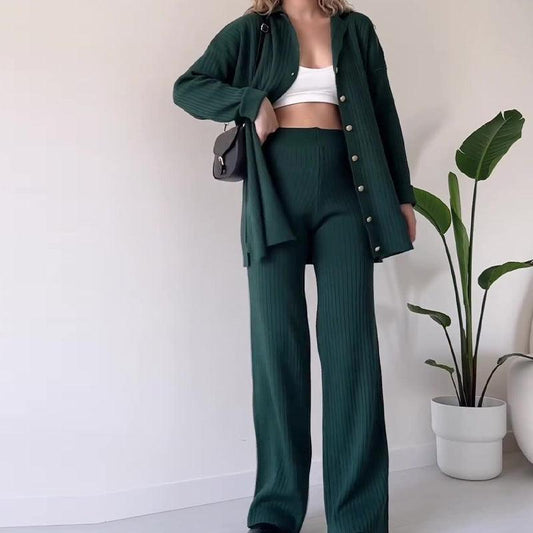 Women's Knit Co-Ord Set - Relaxed Fit Button-Up Top & High-Waisted Wide-Leg Trousers
