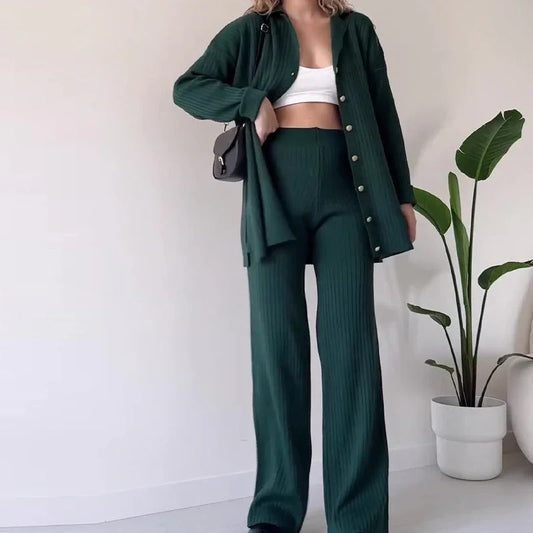 Women's Knit Co-Ord Set - Button-Up Long Sleeve Top & High-Waisted Trousers