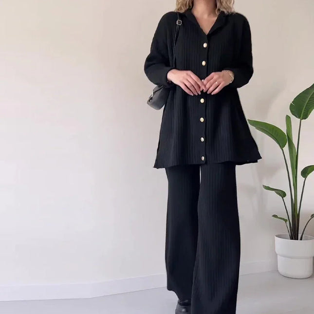 Women's Knit Co-Ord Set - Button-Up Long Sleeve Top & High-Waisted Trousers