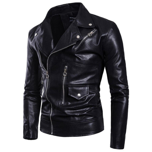 Men’s Leather Biker Jacket Slim Fit Notched Lapel Asymmetrical Zip