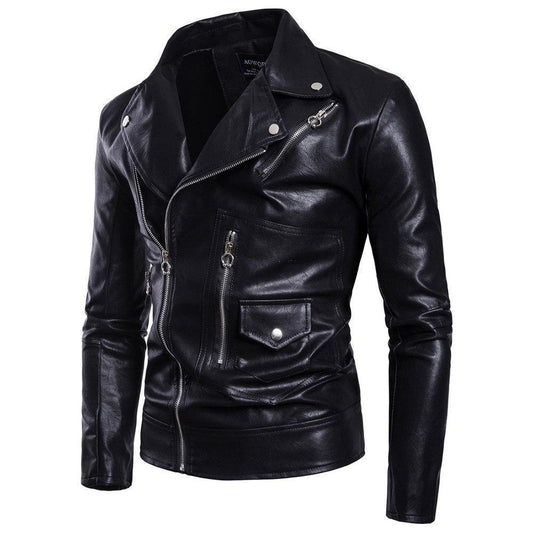 Men’s Leather Biker Jacket Slim Fit Notched Lapel Asymmetrical Zip