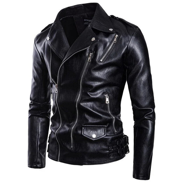 Men's Leather Motorcycle Jacket with Zippers