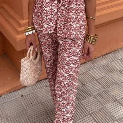 Women's Linen Two-Piece Set - Puff Sleeve Tie-Front Top & High-Waist Wide-Leg Pants