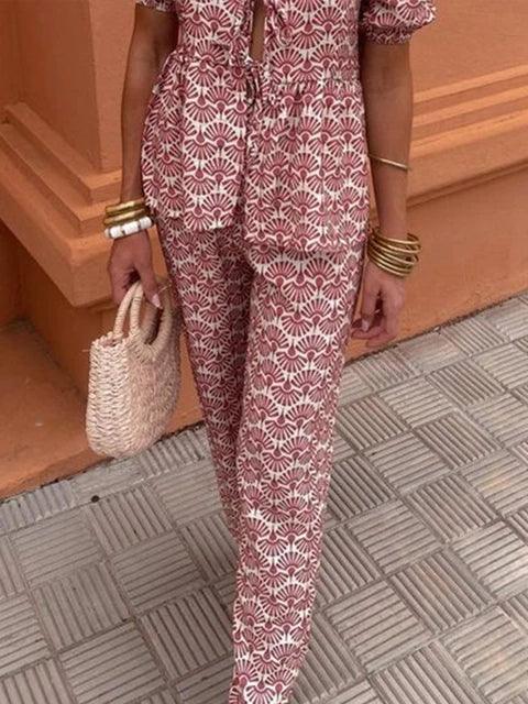 Women's Linen Two-Piece Set - Puff Sleeve Tie-Front Top & High-Waist Wide-Leg Pants