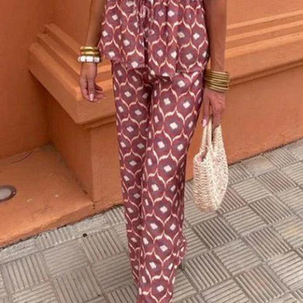 Women's Linen Two-Piece Set - Puff Sleeve Tie-Front Top & High-Waist Wide-Leg Pants