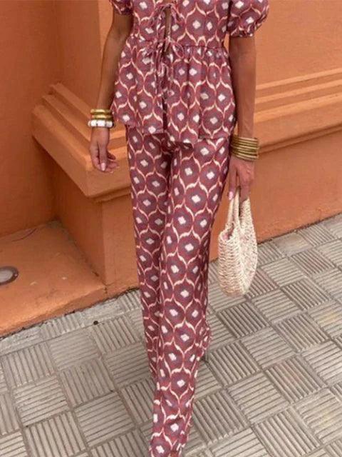 Women's Linen Two-Piece Set - Puff Sleeve Tie-Front Top & High-Waist Wide-Leg Pants