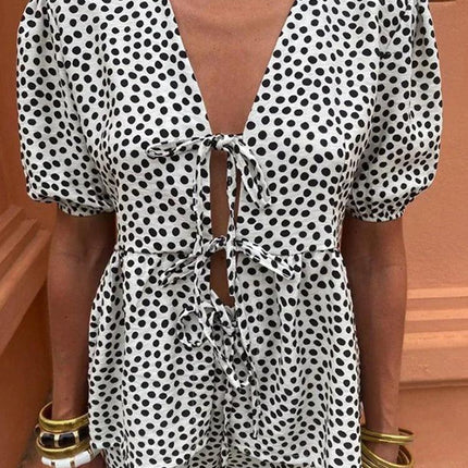 Women's Linen Two-Piece Set - Puff Sleeve Tie-Front Top & High-Waist Wide-Leg Pants