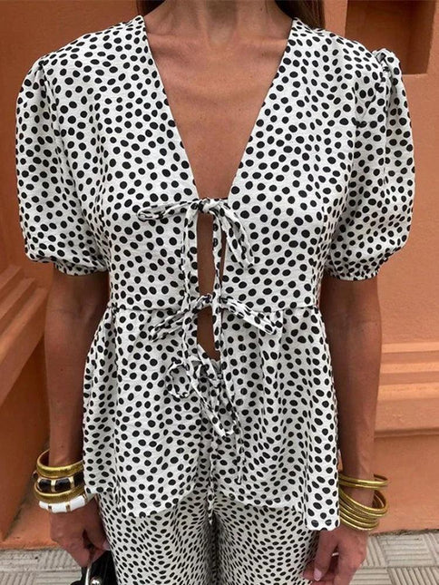 Women's Linen Two-Piece Set - Puff Sleeve Tie-Front Top & High-Waist Wide-Leg Pants