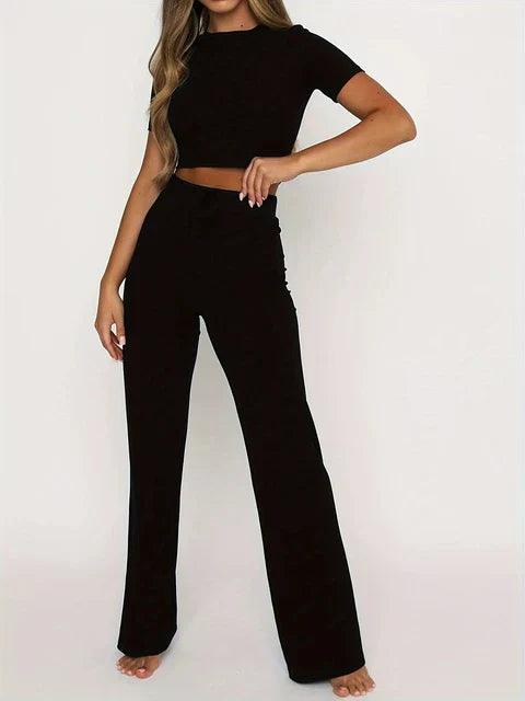 Women's Ribbed Knit Two-Piece Set - Crop Top & High-Waisted Trousers