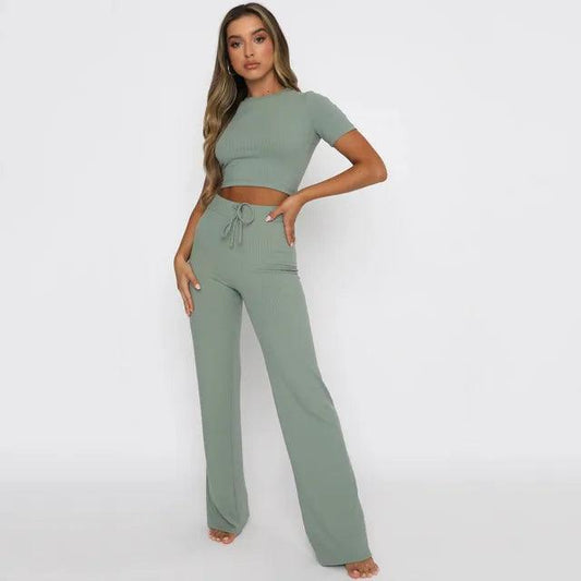 Women's Ribbed Knit Two-Piece Set - Crop Top & High-Waisted Trousers
