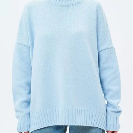 Women's Oversized Ribbed Knit Pullover Sweater with Semi-High Neck and Dropped Shoulders
