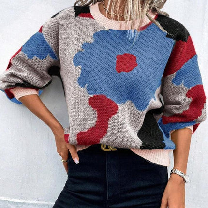 Women's Knit Pullover Sweater Relaxed Fit Balloon Sleeves Round Neck Patterned