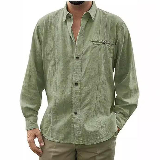 Men’s Long Sleeve Button-Up Linen Shirt with Chest Pocket