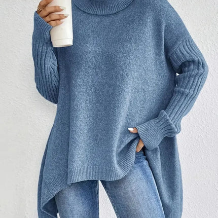 Women's Oversized Turtleneck Sweater Wool Knit Asymmetrical Hem